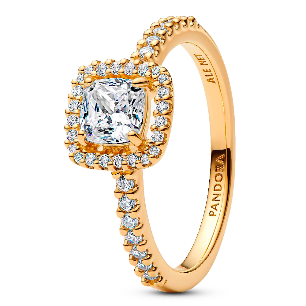 Pandora Light/Gold Rings Shiny Square Transparent Halo Ring 163555C01
