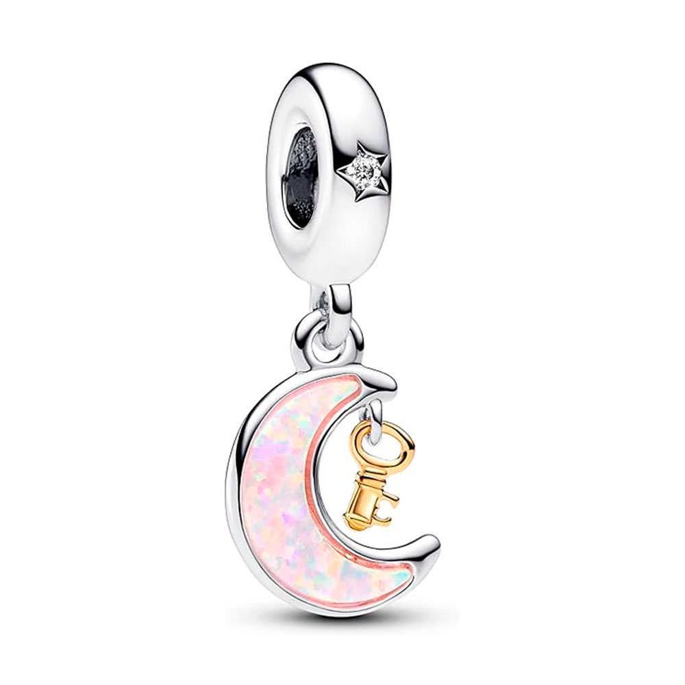 Pandora Pink/Silver/Gold Charms Moon And Key Pendant Charm In Two Tones 762985C01