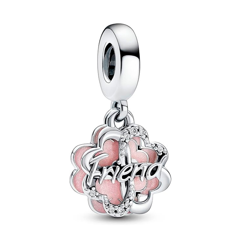 Pandora Silver/Pink Charms Friendship Double Four-Leaf Clover Pendant Charm 792245C01