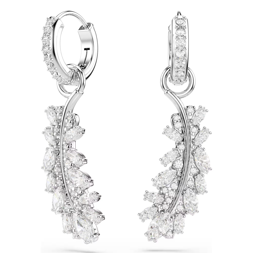 Vienna earrings, Mixed cuts, Feather, White, Rhodium plated
