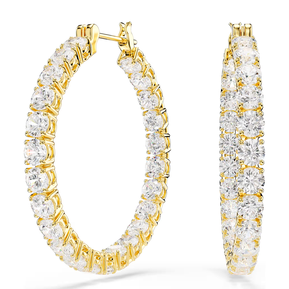 Matrix hoop earrings, Round cut, White, 18K gold finish