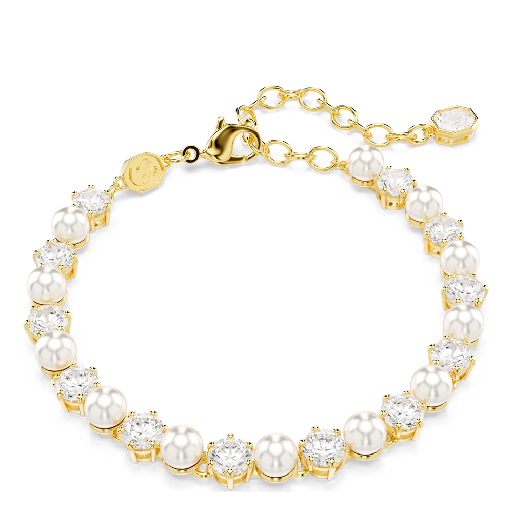Matrix Tennis bracelet, Crystal pearl, Round cut, White, 18K gold finish