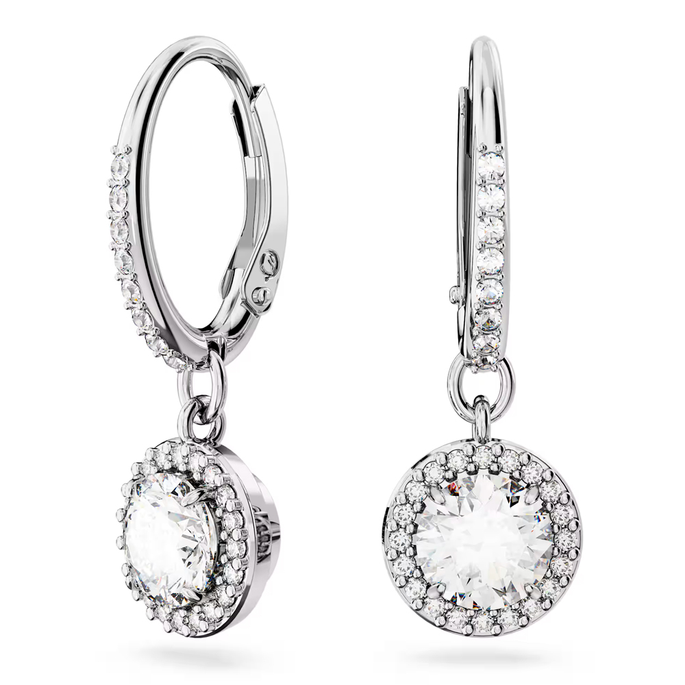 Una Angelic drop earrings, Round cut, Pavé, White, Rhodium plated