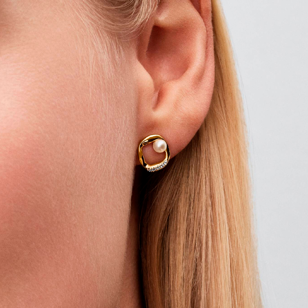 Pandora Pendientes de Botón Círculo Forma Orgánica en Pavé y Perla Cultivada de Agua Dulce 264662C01 – imagen 2