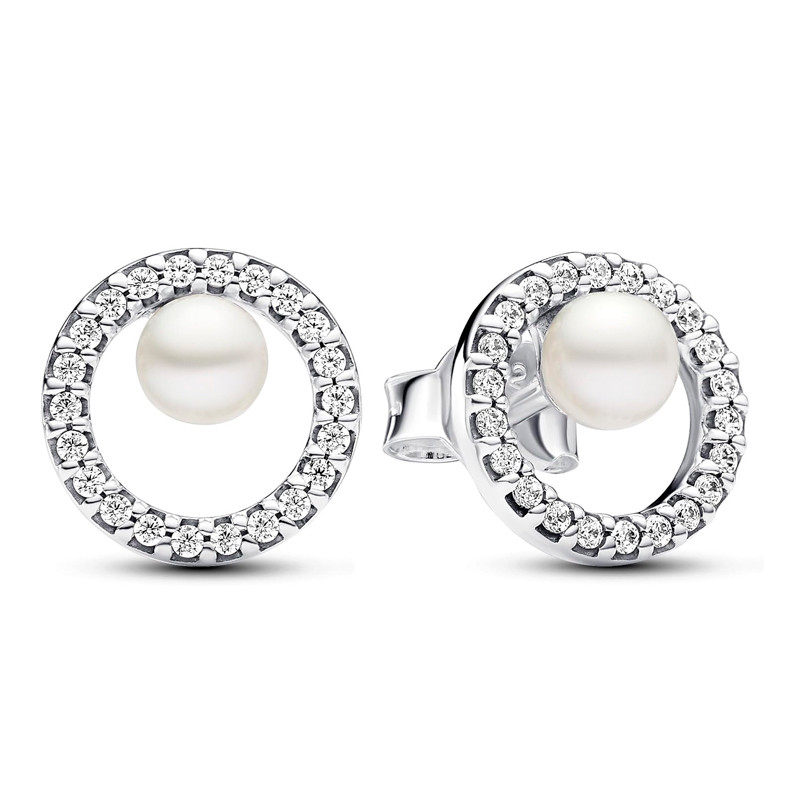 Pandora Silver Earrings Freshwater Cultured Pearl And Pavé Halo Stud Earrings