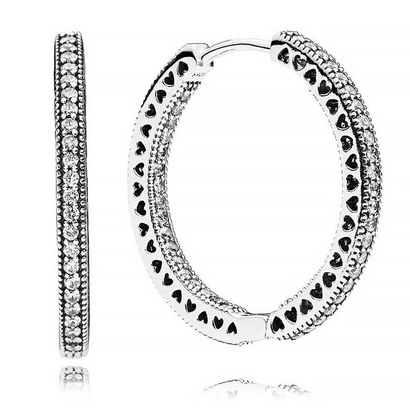Pandora Silver Earrings Large Hearts Sterling Hoop Earrings 296319Cz