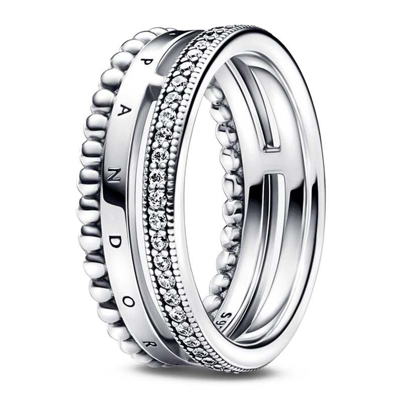 Pandora Silver Rings Signature Ring Logo Pavé And Beads 192312C01
