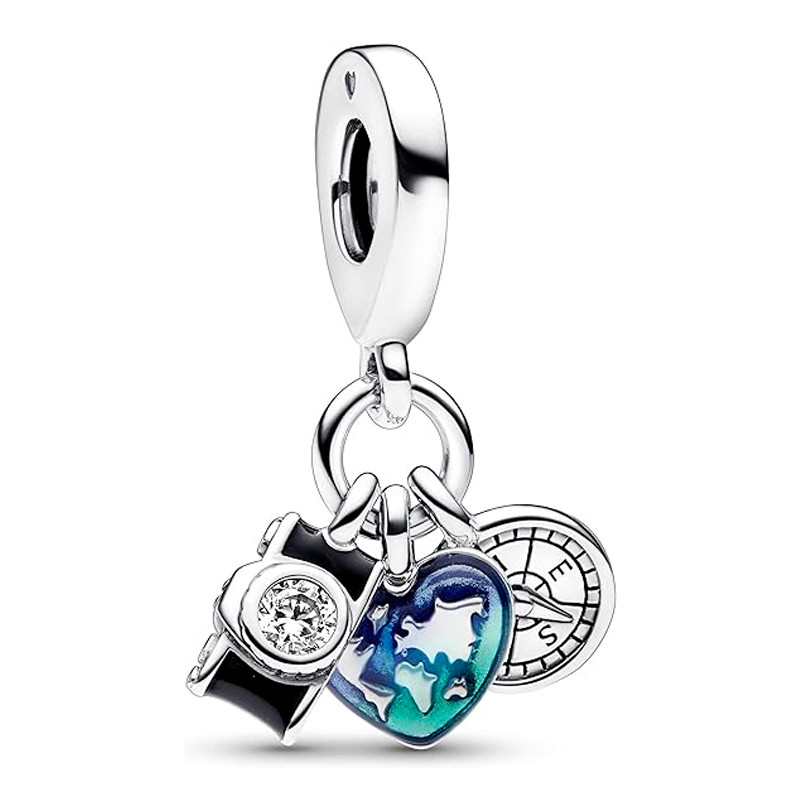 Pandora Charms Pandora Ciondolo con pendente a tripla camera, cuore e bussola in argento sterling 792703C01