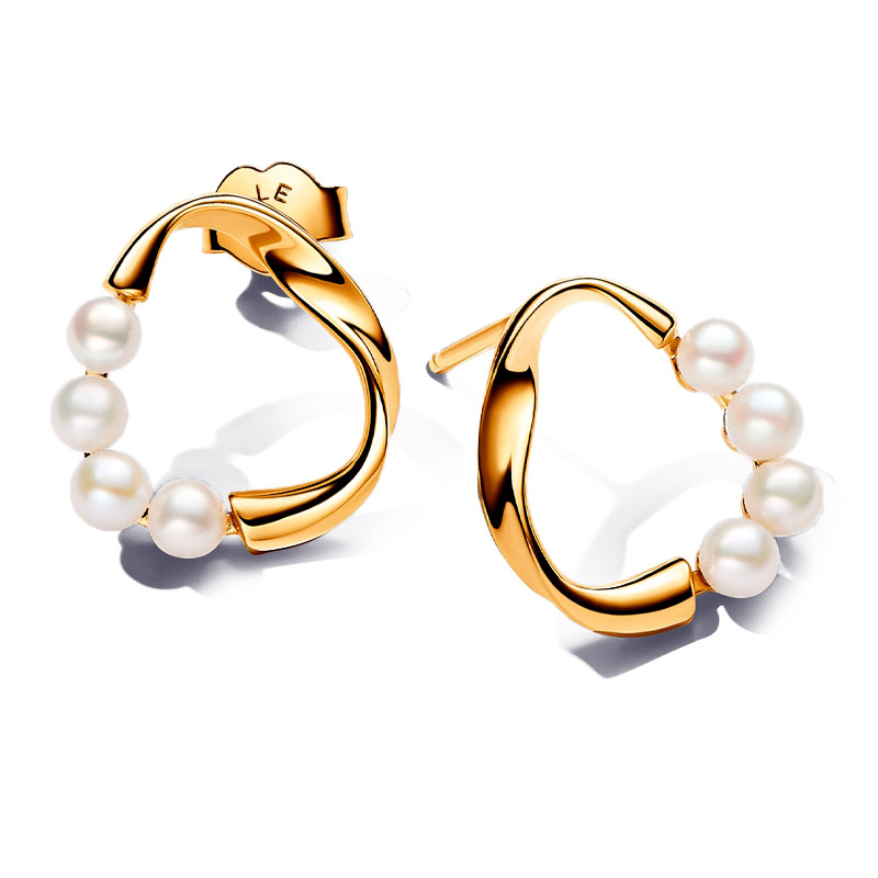 Pandora Gold Earrings Organic Circle Shape Button Earrings With Freshwater Cultured Pearls 263276C01