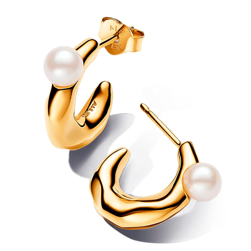 Pandora Gold Earrings Organic Shape Hoop Earrings With Freshwater Cultured Pearl 263261C01